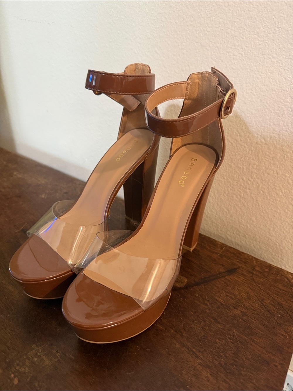 BAMBOO Brown Patent Platform Heels with Clear Toe Strap